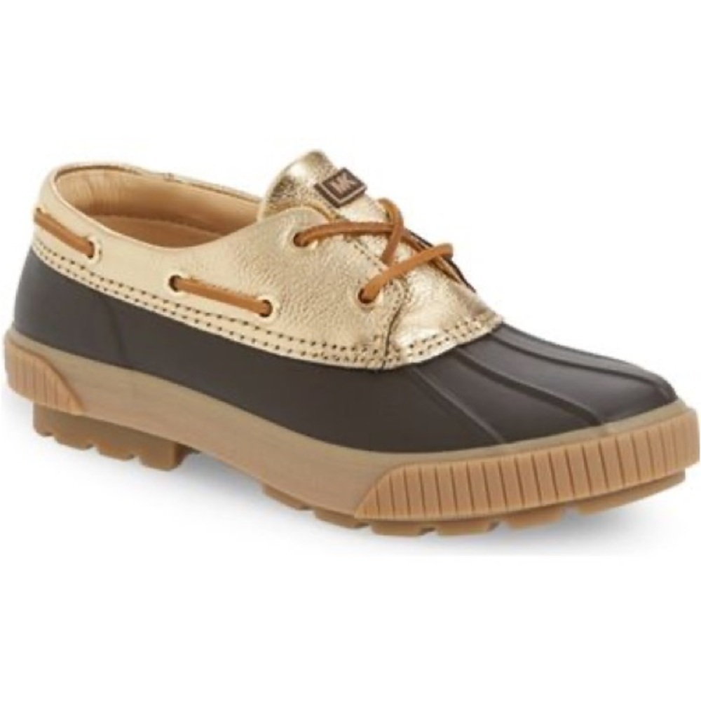 Michael Kors Women's Duck Boot Hyde Brown Gold MK Logo Shoe Sz 9
